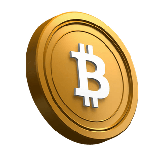 Elemento visual de una moneda Bitcoin BTC inclinada en la sección principal